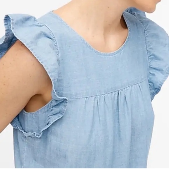 J Crew Chambray Ruffle Sleeve Tiered Mini Dress w Pockets, Cotton - Picture 2 of 14